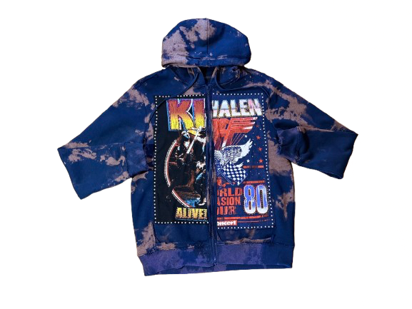 Acid-washed Blue KISS x Van Halen Zip-Up Hoodie
