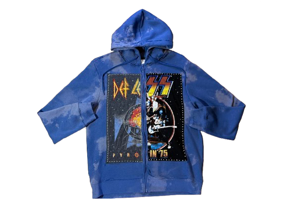 Acid-washed Blue Def Leppard x KISS Zip-Up Hoodie