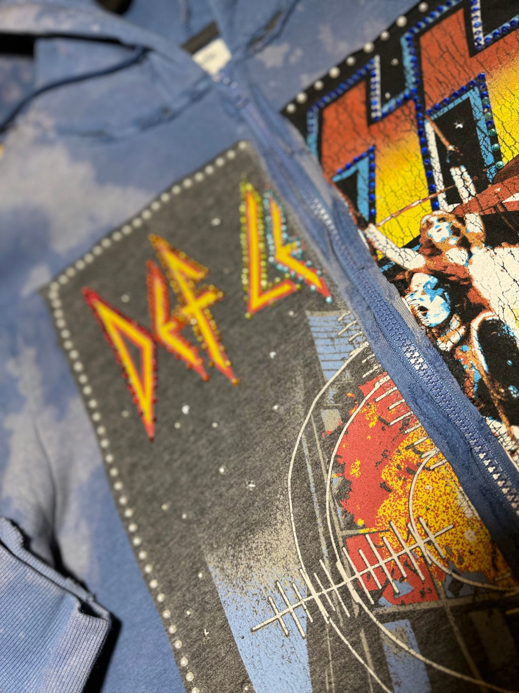 Acid-washed Blue Def Leppard x KISS Zip-Up Hoodie