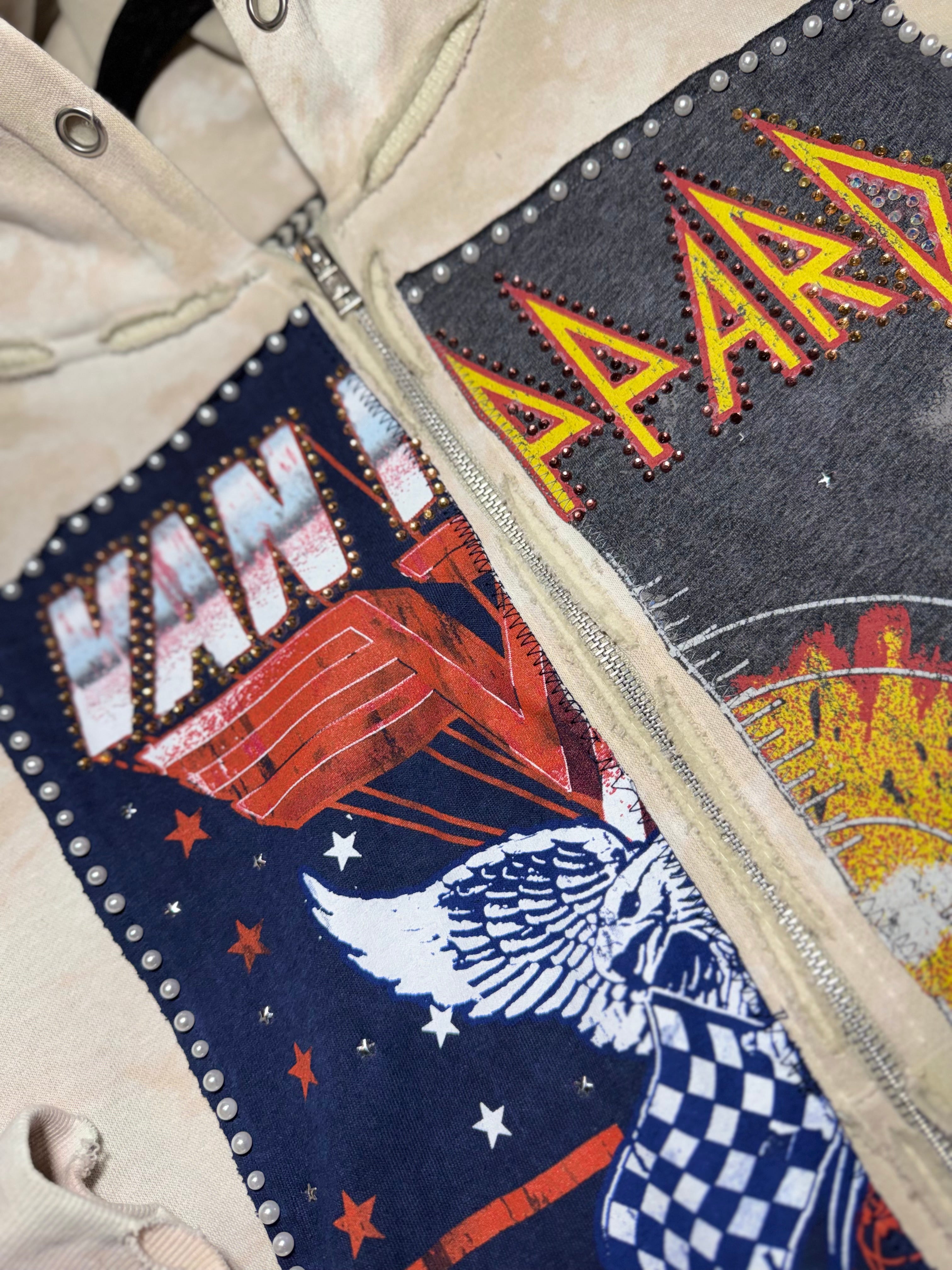 Acid-washed Van Halen x Def Leppard Zip-Up Hoodie